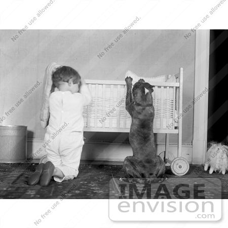#18585 Photo of a Little Boy Child and His Dog Kneeling by a Crib by JVPD