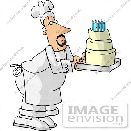 Birthday Cake Candles on Male Chef Carrying A Three Tiered Vanilla Birthday Cake With Candles