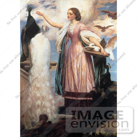 #19151 Photo of a Girl in a Pink Dress Feeding Peacocks by Frederic Lord Leighton by JVPD