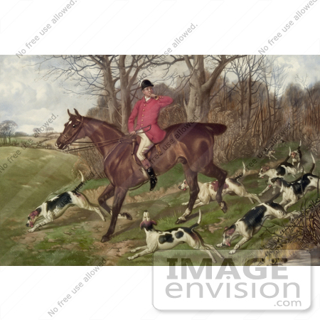 #20731 Stock Photography of a Man Fox Hunting on Horseback, Surrounded by Dogs by JVPD