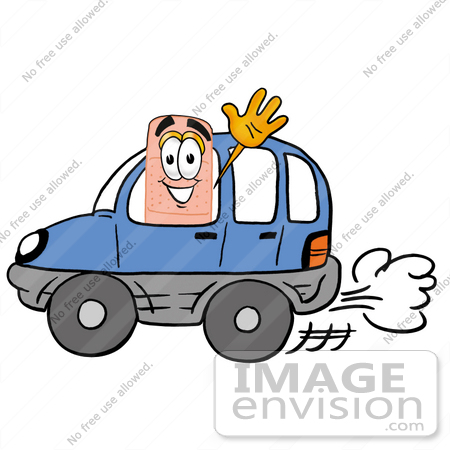  Graphic of a Bandaid Bandage Cartoon Character Driving a Blue Car and