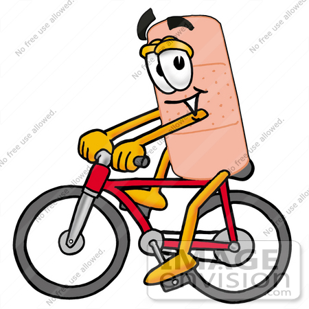 #22467 Clip art Graphic of a Bandaid Bandage Cartoon Character Riding a