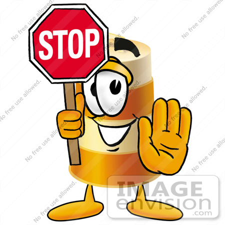 #22640 Clip art Graphic of a Construction Road Safety Barrel Cartoon Character Holding a Stop Sign by toons4biz