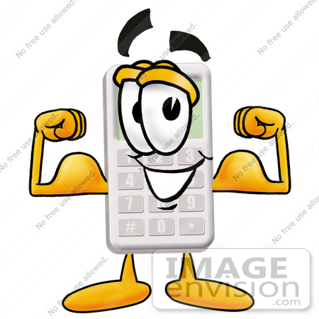 #23120 Clip Art Graphic of a Calculator Cartoon Character Flexing His Arm