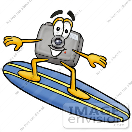 #23136 Clip Art Graphic of a Flash Camera Cartoon Character Surfing on a 