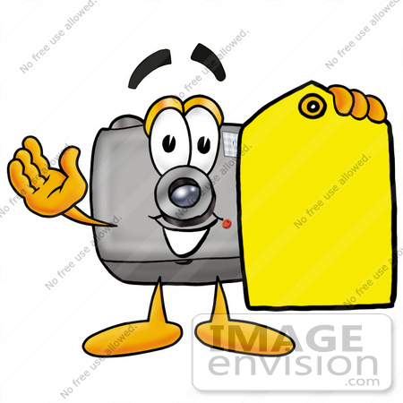 #23198 Clip Art Graphic of a Flash Camera Cartoon Character Holding a Yellow 