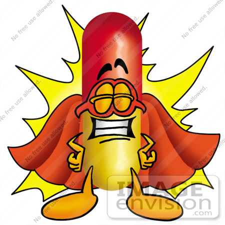 #23228 Clip Art Graphic of a Red and Yellow Pill Capsule Cartoon Character 