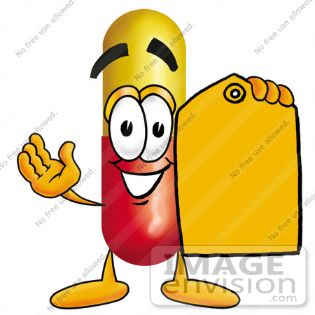 #23230 Clip Art Graphic of a Red and Yellow Pill Capsule Cartoon Character 