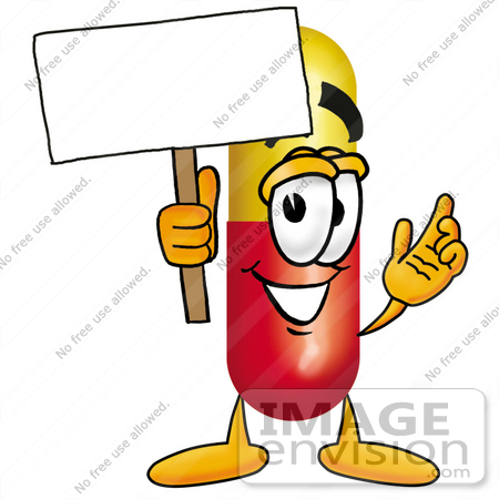 #23232 Clip Art Graphic of a Red and Yellow Pill Capsule Cartoon Character 