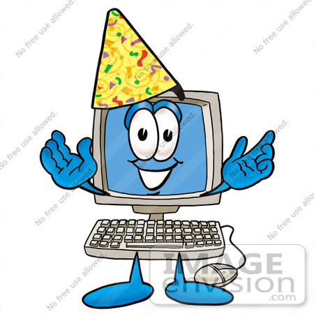 #23431 Clip Art Graphic of a Desktop Computer Cartoon Character Wearing a Birthday Party Hat by toons4biz