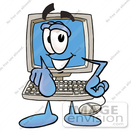 #23439 Clip Art Graphic of a Desktop Computer Cartoon Character Pointing at the Viewer by toons4biz