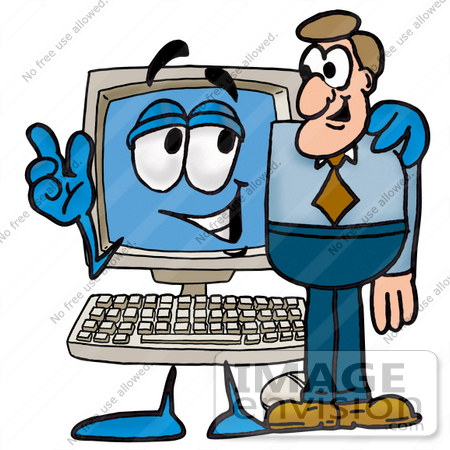 #23480 Clip Art Graphic of a Desktop Computer Cartoon Character Talking to a