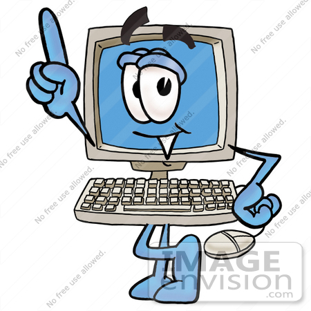 #23482 Clip Art Graphic of a Desktop Computer Cartoon Character Pointing Upwards by toons4biz