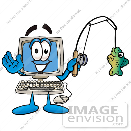 #23484 Clip Art Graphic of a Desktop Computer Cartoon Character Holding a Fish on a Fishing Pole by toons4biz
