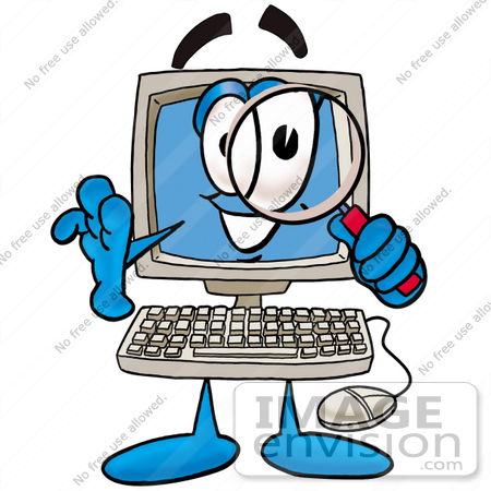 #23491 Clip Art Graphic of a Desktop Computer Cartoon Character Looking Through a Magnifying Glass by toons4biz