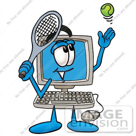 #23500 Clip Art Graphic of a Desktop Computer Cartoon Character Preparing to Hit a Tennis Ball by toons4biz