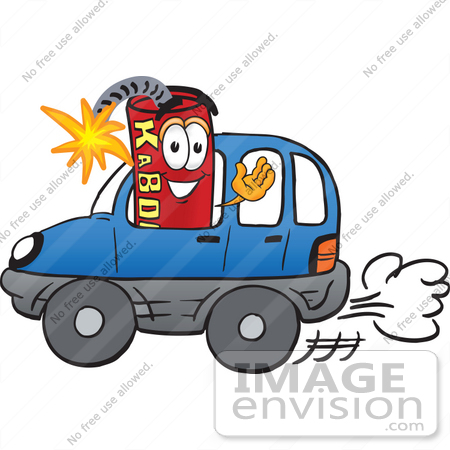 #23757 Clip Art Graphic of a Stick of Red Dynamite Cartoon Character Driving 