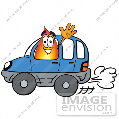 #23950 Clip Art Graphic of a Fire Cartoon Character Driving a Blue Car and 