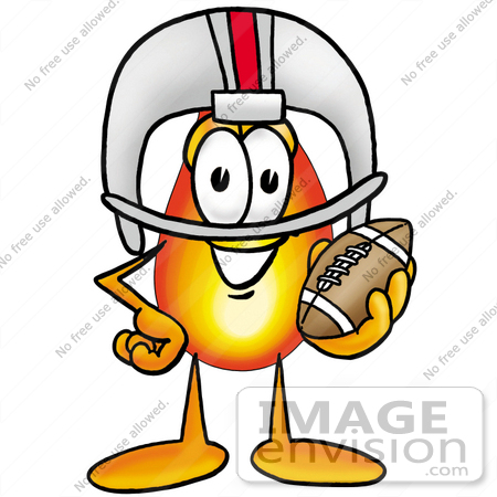#23954 Clip Art Graphic of a Fire Cartoon Character in a Helmet, Holding a