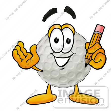 #23973 Clip Art Graphic of a Golf Ball Cartoon Character Holding a Pencil by 