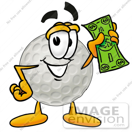 #23978 Clip Art Graphic of a Golf Ball Cartoon Character Holding a Dollar 