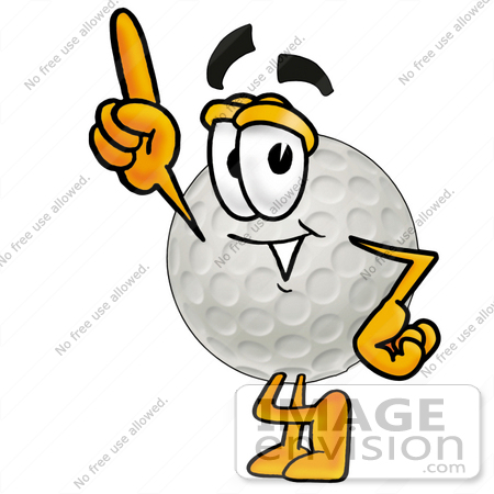 #23989 Clip Art Graphic of a Golf Ball Cartoon Character Pointing Upwards by 