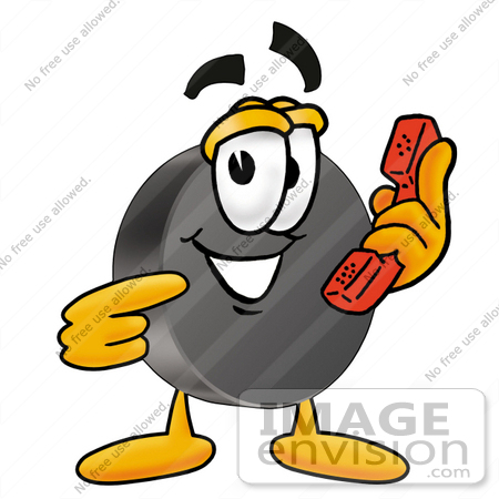 #24143 Clip Art Graphic of an Ice Hockey Puck Cartoon Character Holding a Telephone by toons4biz