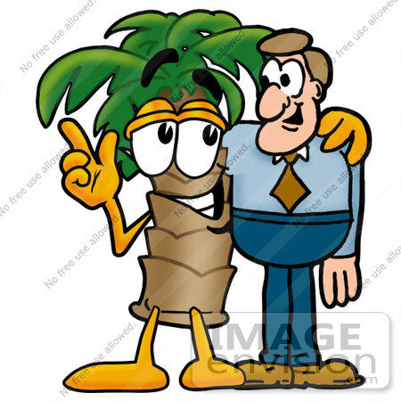 #25050 Clip Art Graphic of a Tropical Palm Tree Cartoon Character Talking to a Business Man by toons4biz