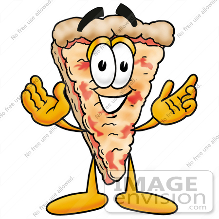 #25052 Clip Art Graphic of a Cheese Pizza Slice Cartoon Character With Welcoming Open Arms by toons4biz