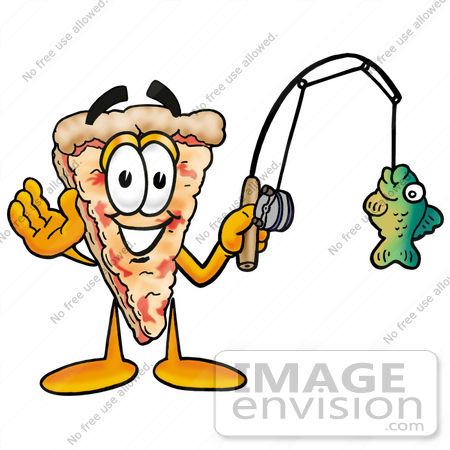#25062 Clip Art Graphic of a Cheese Pizza Slice Cartoon Character Holding a 