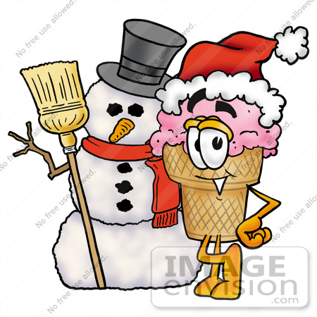 #25834 Clip Art Graphic of a Strawberry Ice Cream Cone Cartoon Character With a Snowman on Christmas by toons4biz