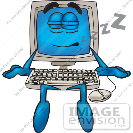 #26219 Clip Art Graphic of a Desktop Computer Cartoon Character Sleeping and Catching Some Zs by toons4biz