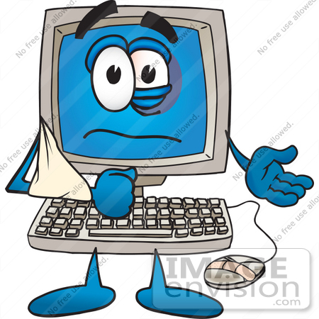 #26230 Clip Art Graphic of a Beat up Desktop Computer Cartoon Character With a Black Eye, a Bandage on its Mouse and its Arm in a Sling by toons4biz