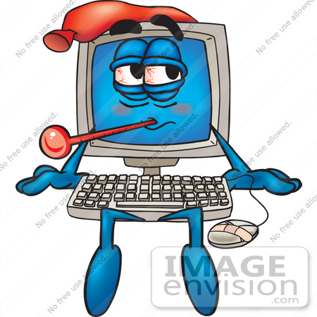 #26231 Clip Art Graphic of a Sick Desktop Computer Cartoon Character With a 