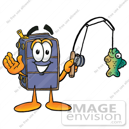 #26494 Clip Art Graphic of a Suitcase Luggage Cartoon Character Holding a Fish on a Fishing Pole by toons4biz