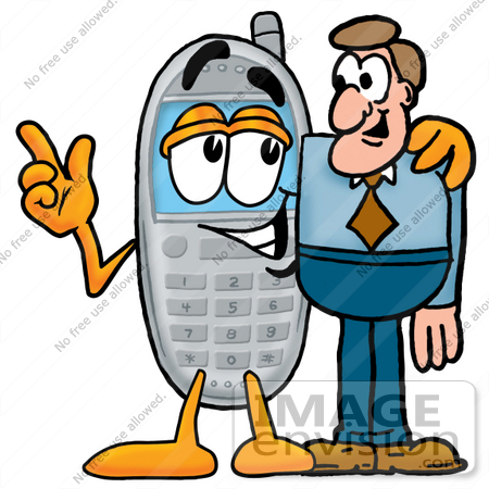 #26631 Clip Art Graphic of a Gray Cell Phone Cartoon Character Talking to a Business Man by toons4biz