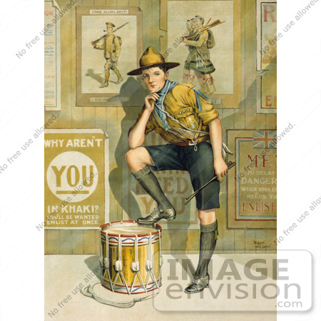 #27010 Stock Photography of A Vintage World War I Poster Showing A Young Man In Uniform, Resting One Leg On A Drum In Front Of A Wall Displaying Enlistment Posters By The Parliamentary Recruiting Committee by JVPD