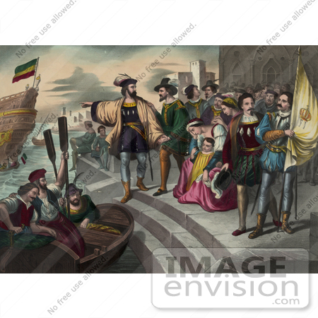 #27475 Illustration of Christopher Columbus Pointing And Preparing To Get Into A Rowboat To Board Onto His Ship As People Watch During The Departure Of Columbus by JVPD