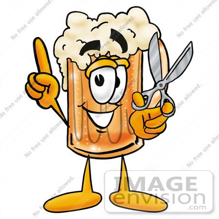 #27847 Clip art Graphic of a Frothy Mug of Beer or Soda Cartoon Character Preparing to Cut Something With a Pair of Scissors by toons4biz