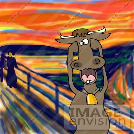 #27898 Animal Clipart Picture of a Humorous Parody of The Scream by Edvard Munch Showing a Stressed Out Farm Cow Holding its Hooves up to its Face and Screaming by DJArt