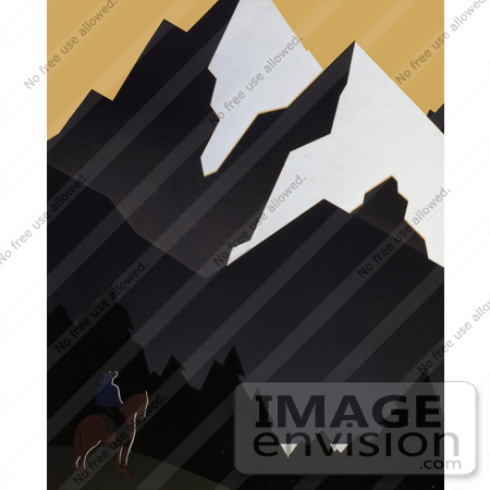 #27979 Man On Horseback Viewing Forests And Mountains In Montana Stock Illustration by JVPD