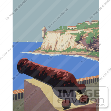 #28001 War Cannon on a Cliff Over The Harbor Near the Fort San Felipe de Morro in Puerto Rico Stock Illustration by JVPD