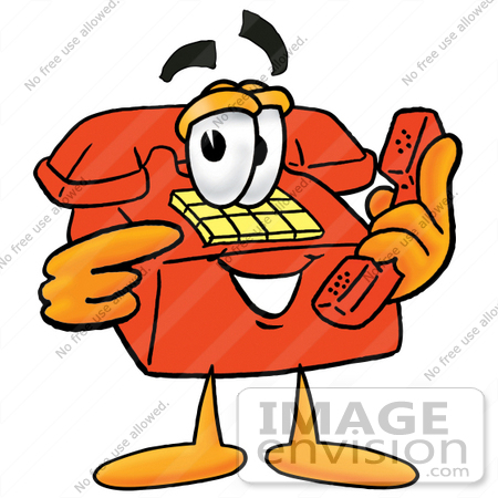 #28059 Clip Art Graphic of a Red Landline Telephone Cartoon Character Holding a Telephone by toons4biz