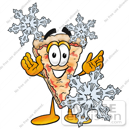  a Cheese Pizza Slice Cartoon Character Surrounded by Falling Snowflakes