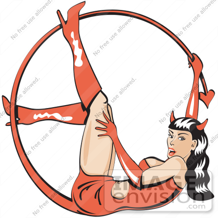#29205 Royalty-free Cartoon Clip Art of a Sexy Brunette Woman In A Rubber Dress And Boots, Lying On Her Back And Holding Onto Her Curved Forked Devil Tail by Andy Nortnik