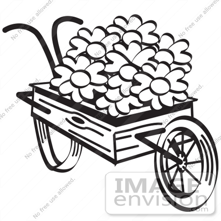 black and white clip art flowers. #29463 Royalty-free Cartoon Clip Art of an Old Fashioned Wooden Wheelbarrow 