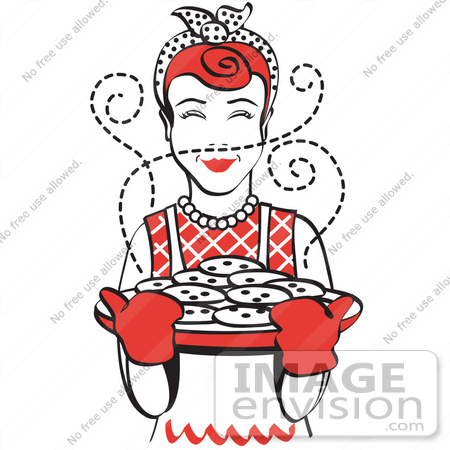 #29475 Royalty-free Cartoon Clip Art of a Red Haired Housewife Wearing An Apron And Oven Gloves, Smelling Fresh, Hot Chocolate Chip Cookies Right Out Of The Oven by Andy Nortnik