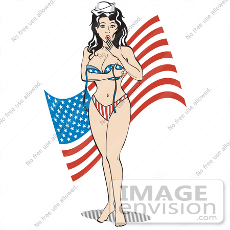 #29590 Royalty-free Cartoon Clip Art of a Sexy Brunette Woman In A Stars And Stripes Bikini With A Surprised Look On Her Face As Her Top Falls Off, Standing In Front Of An American Flag by Andy Nortnik