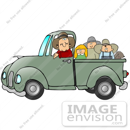 #29783 Clip Art Graphic of a Group of Happy People and Their Dog Riding in