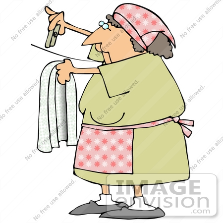 #29813 Clip Art Graphic of a Woman Hanging Clothes up to Dry on a Line